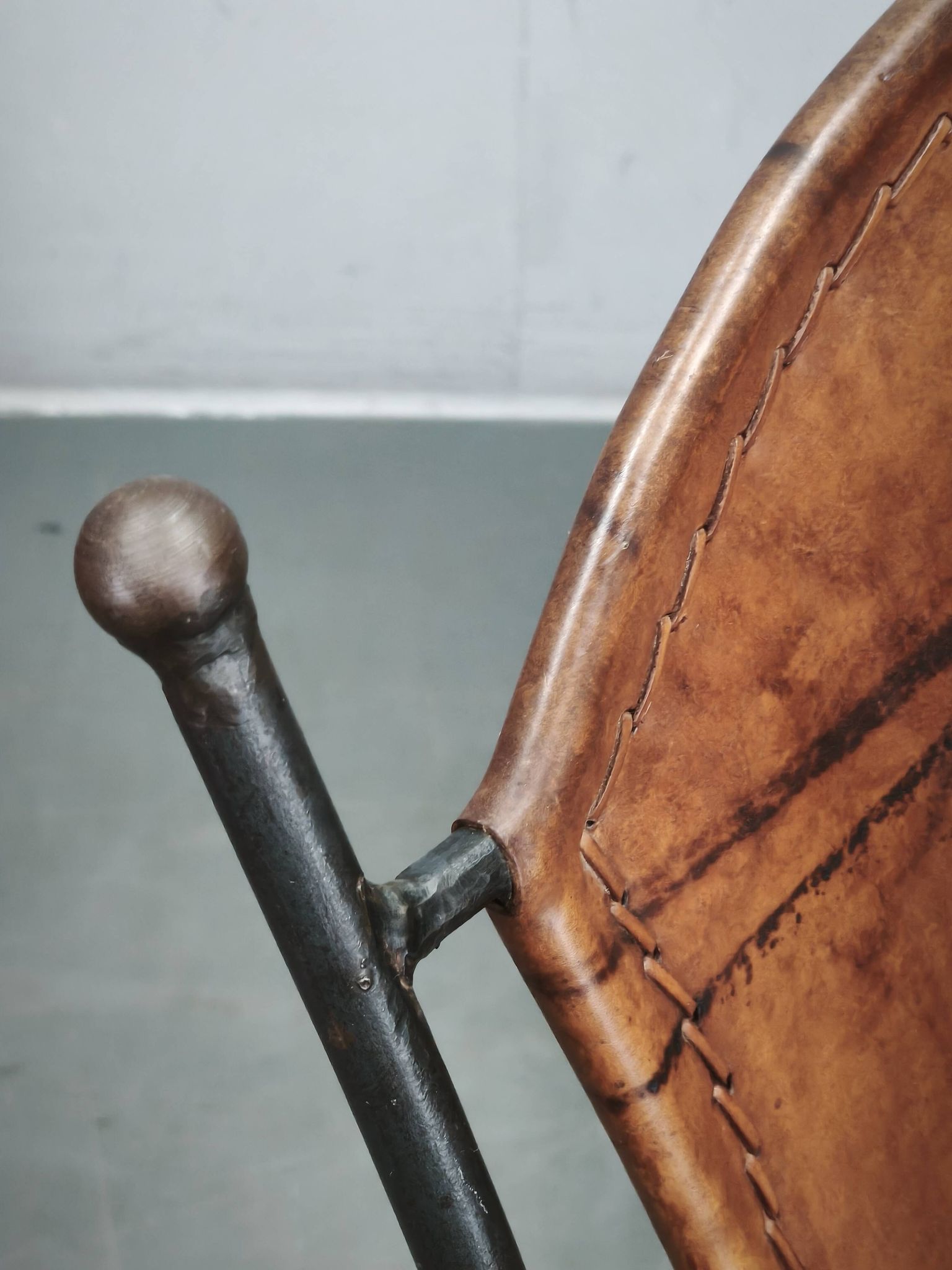 1990s European Brutalist Wrought Iron and Hand-Stitched Cognac Leather Dining Chair