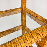 Set of 2 mid century tall wicker and glass etagere cabinet, 1970s