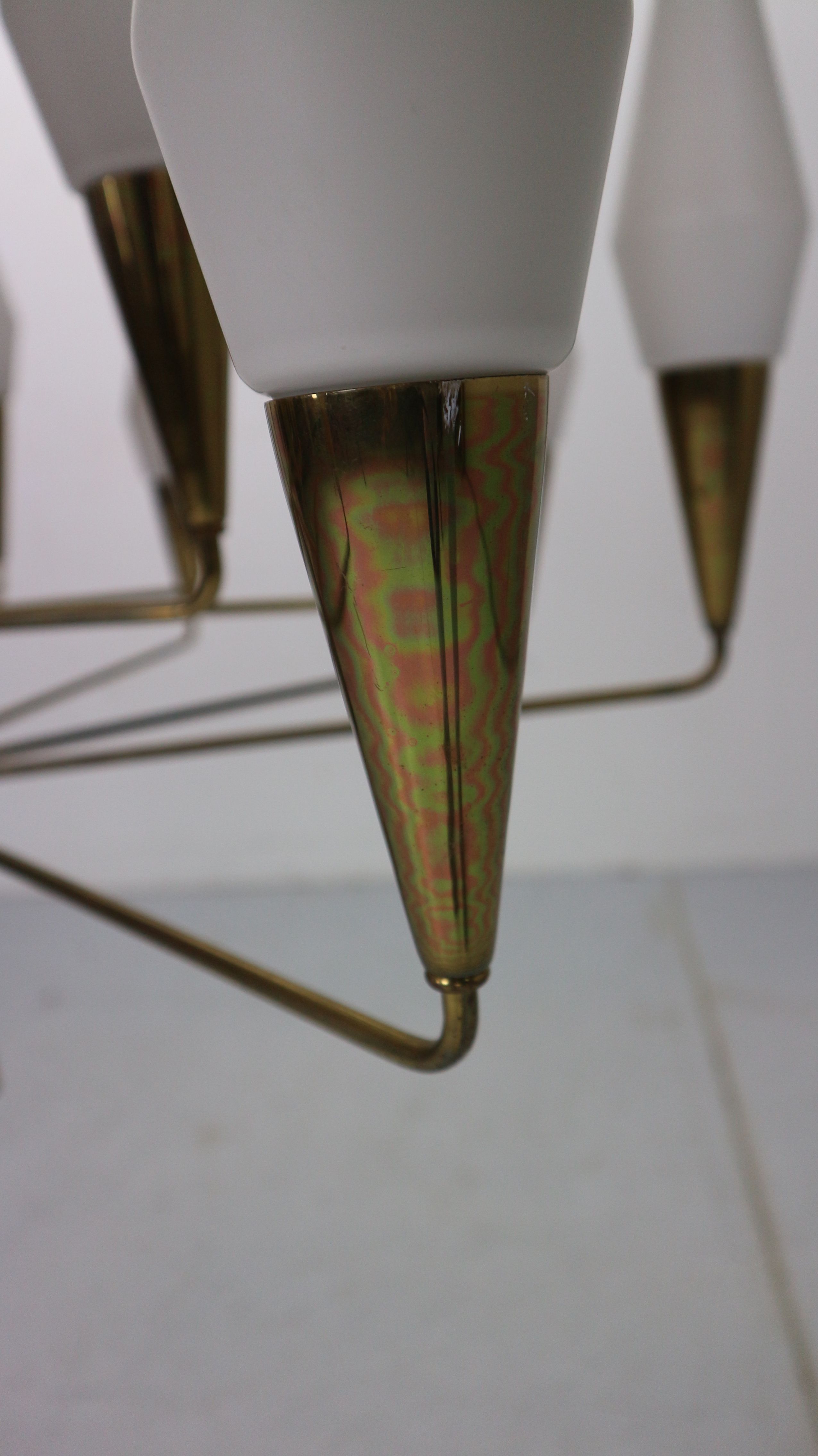 Italian mid-century modern brass and opaline glass chandelier, 1960
