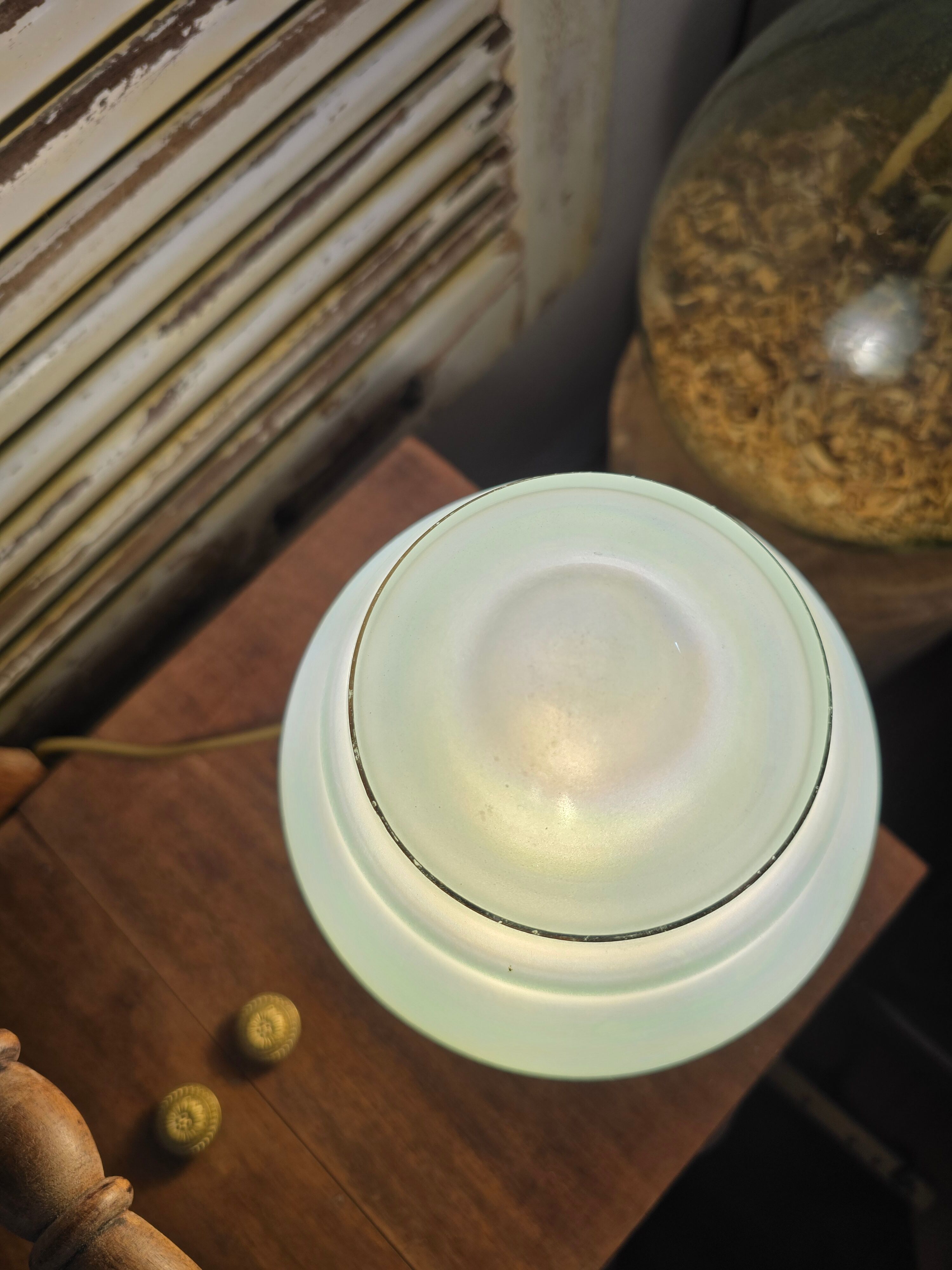 Opalescent ceiling light from the 1930s-40s converted into a table lamp.