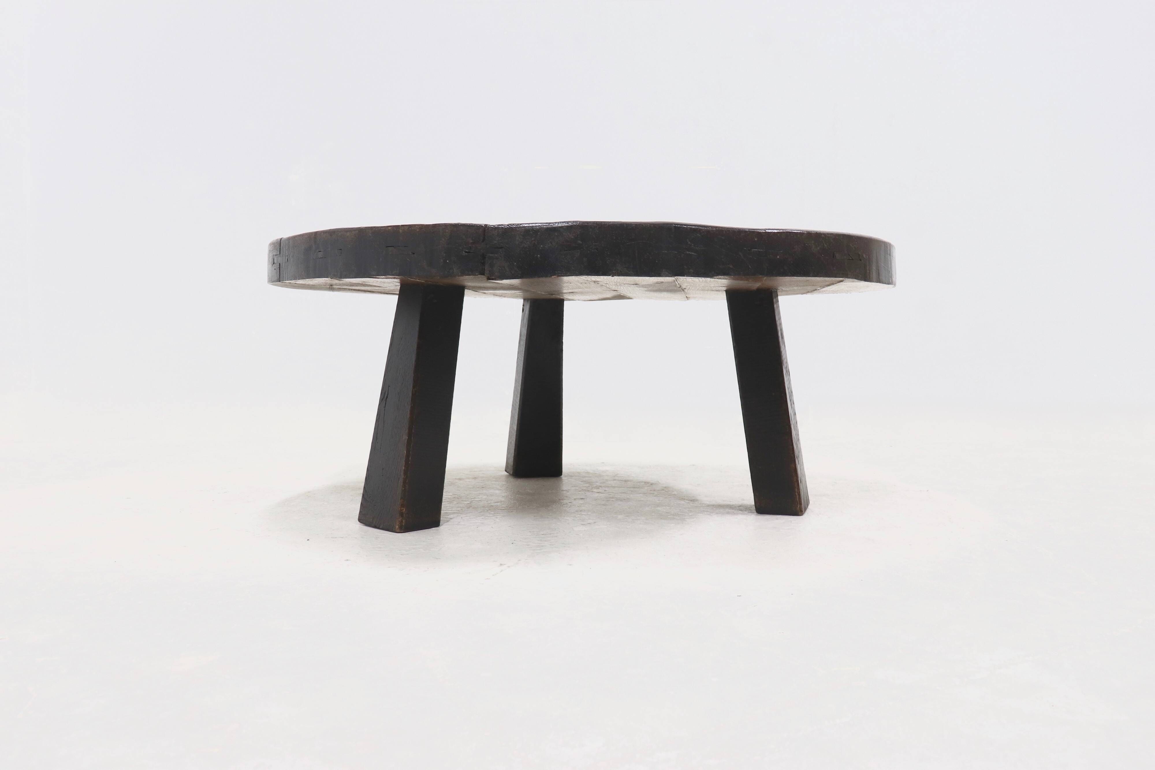 Brutalist Solid Stained Oak Round Tripod Coffee Table 1970s