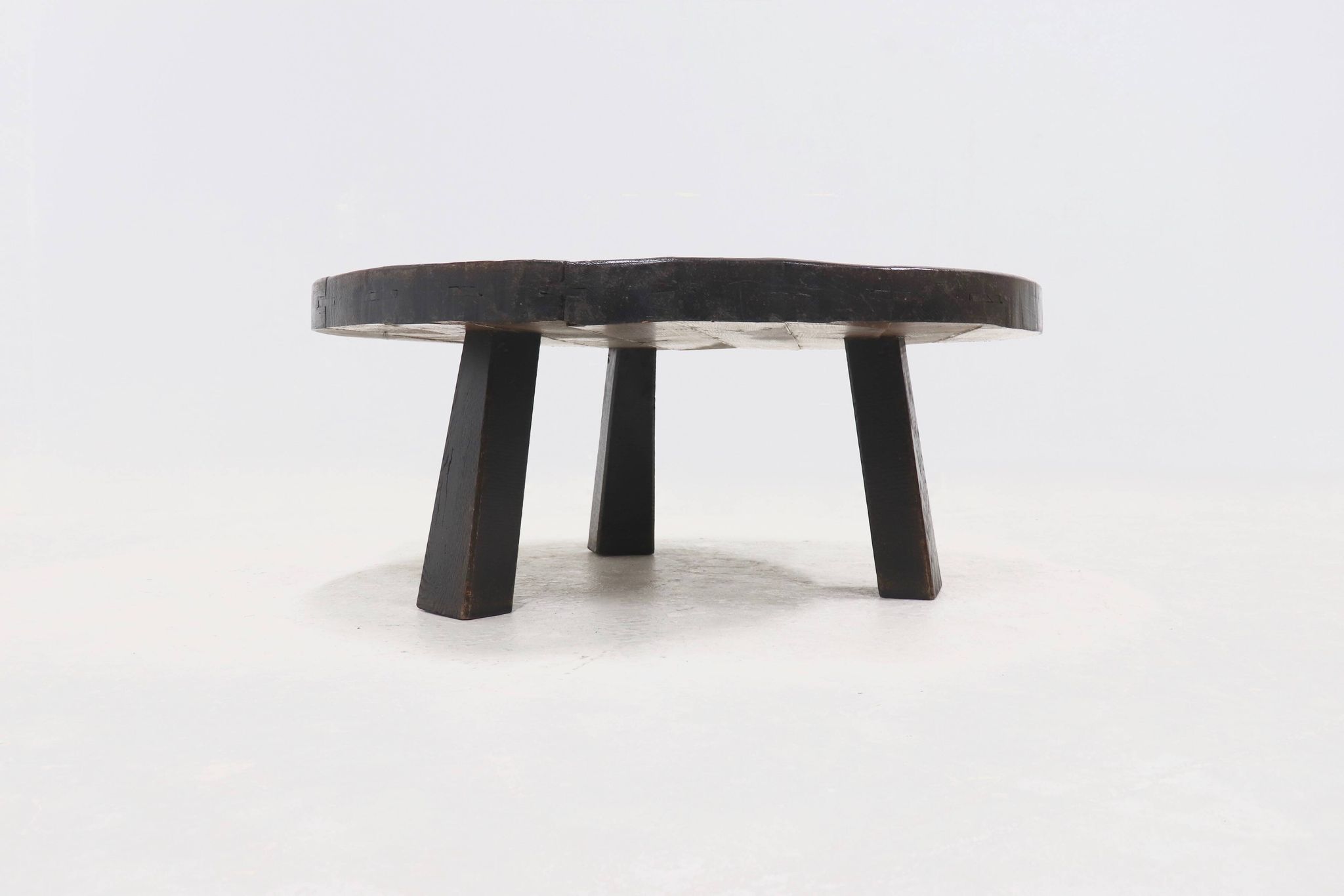 Brutalist Solid Stained Oak Round Tripod Coffee Table 1970s