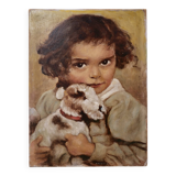 Oil portrait of a child with a dog