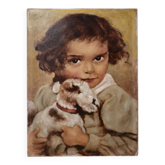 Portrait à lhuile enfant avec chien