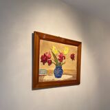 Tableau ancien, nature morte aux tulipes, années 70-80