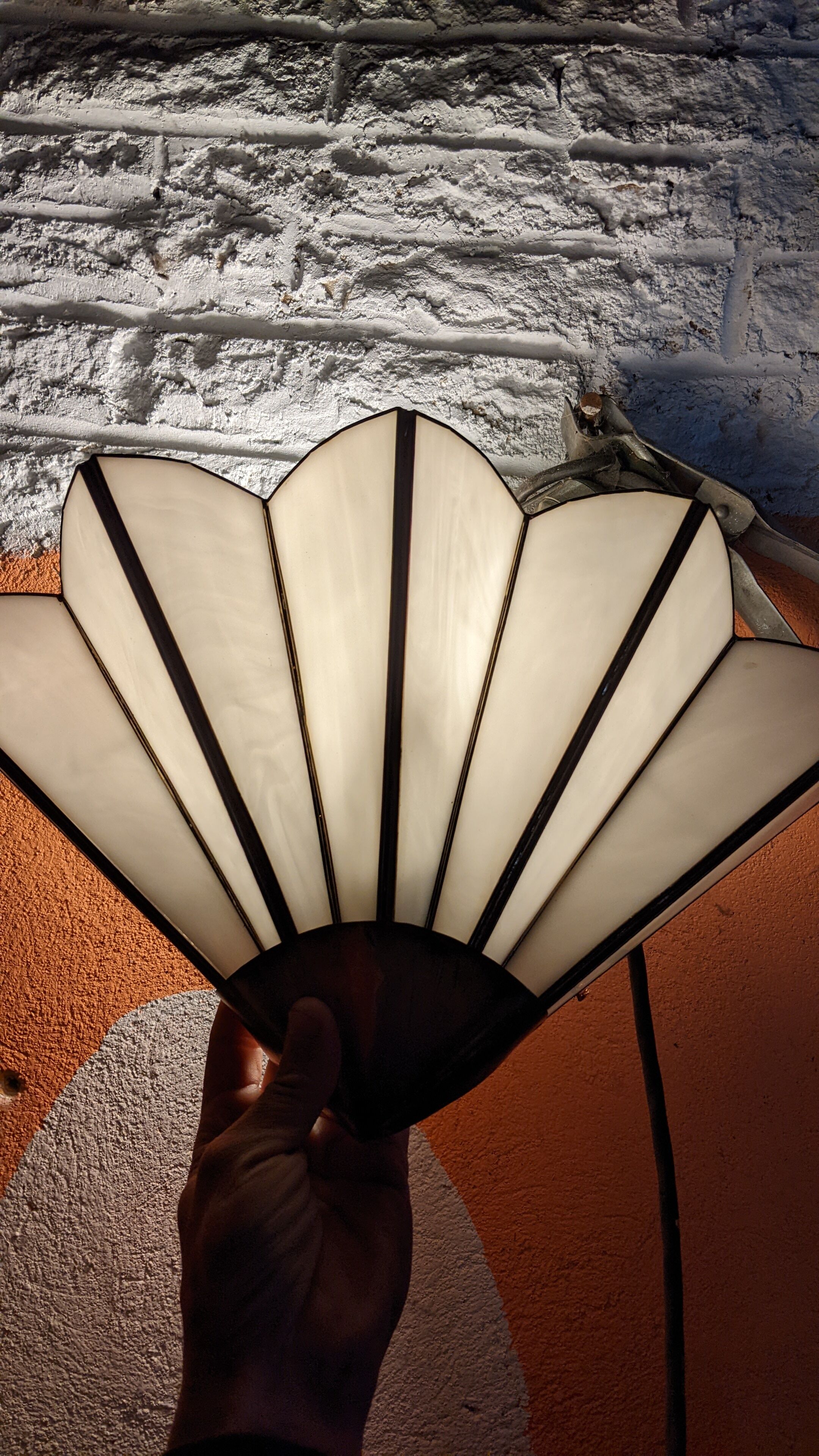 Pair of mother-of-pearl and brass fan wall lamps
