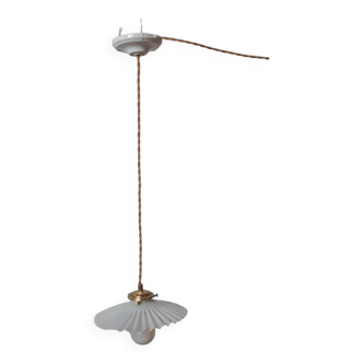 Vintage pendant lampshade in white embossed striated opaline - circa 1940s