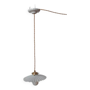 Vintage pendant lampshade in white embossed striated opaline - circa 1940s