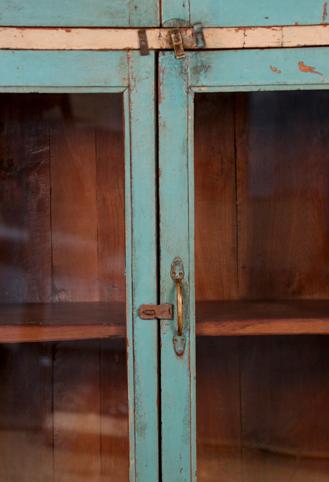 Old art deco showcase in original turquoise-white patina burmese teak