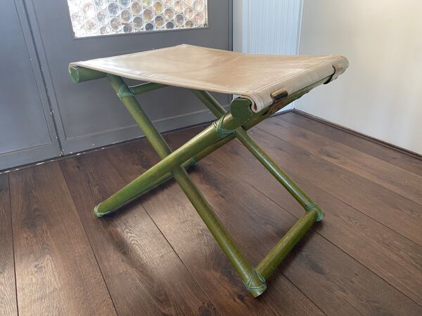 Tabouret pliable vintage Regency en hêtre italien et cuir