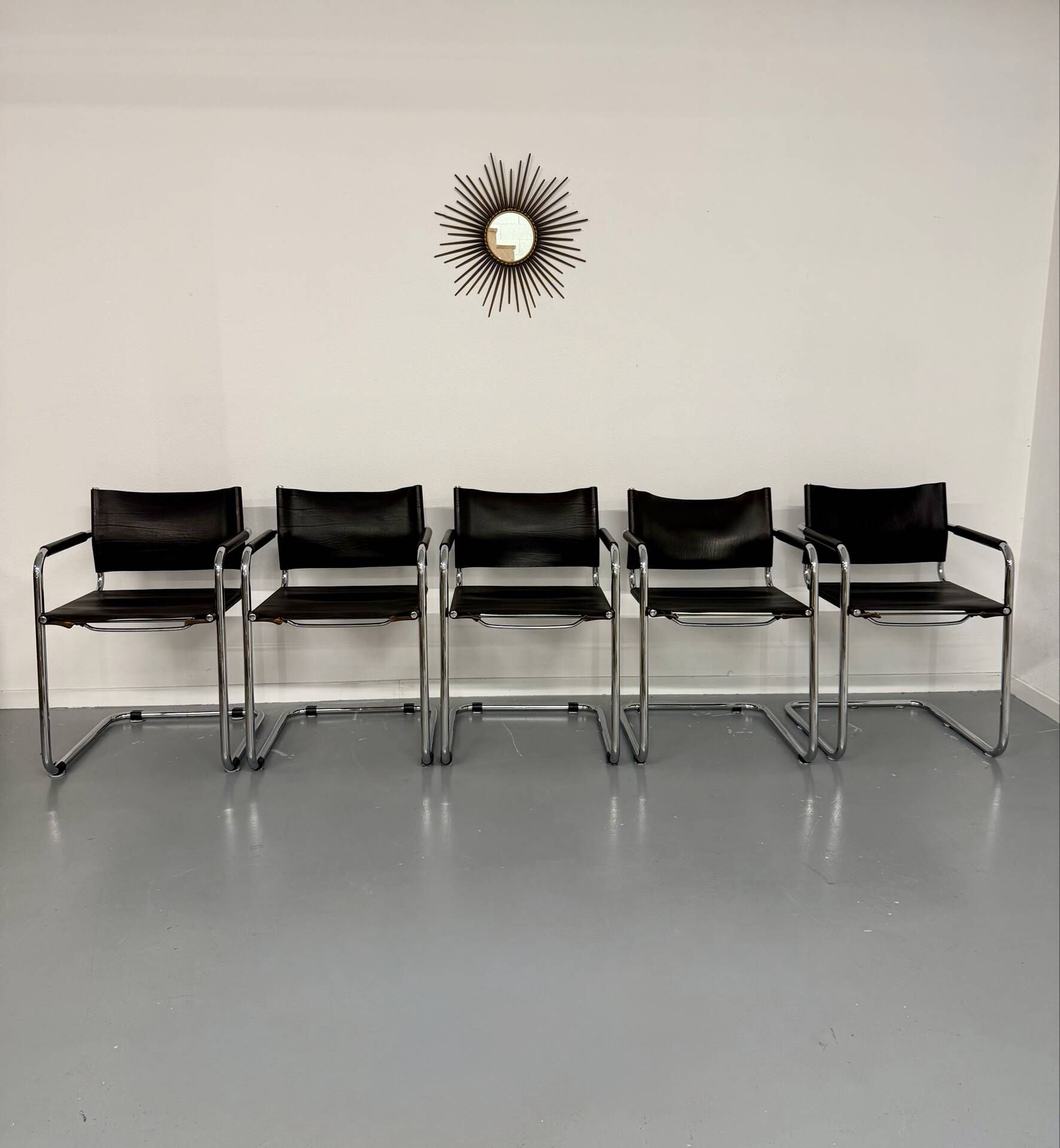 Lot of 5 tubular metal leather chairs designed by Mart Stam, Bauhaus, 1970s.
