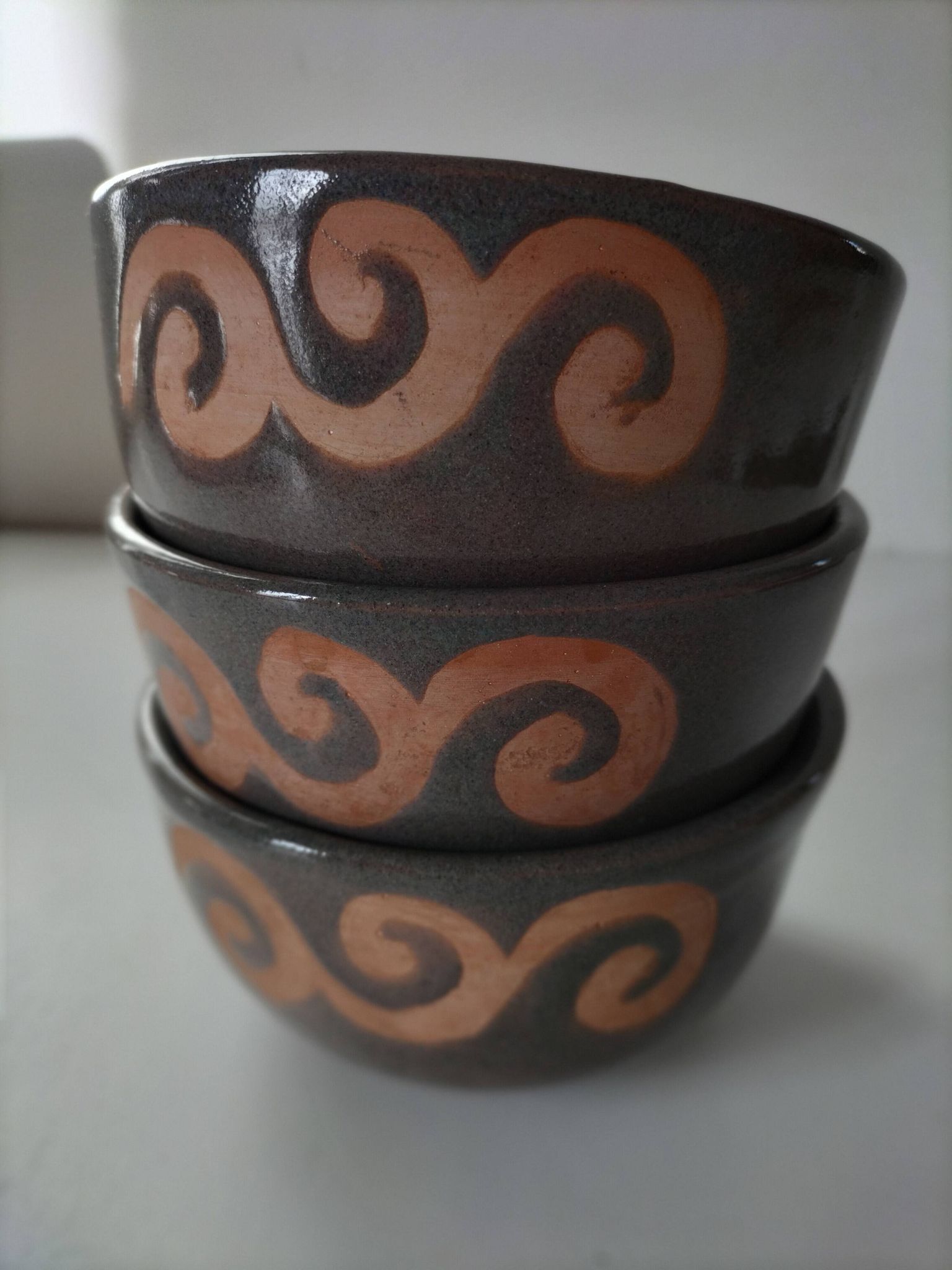 Set of 3 signed glazed stoneware bowls