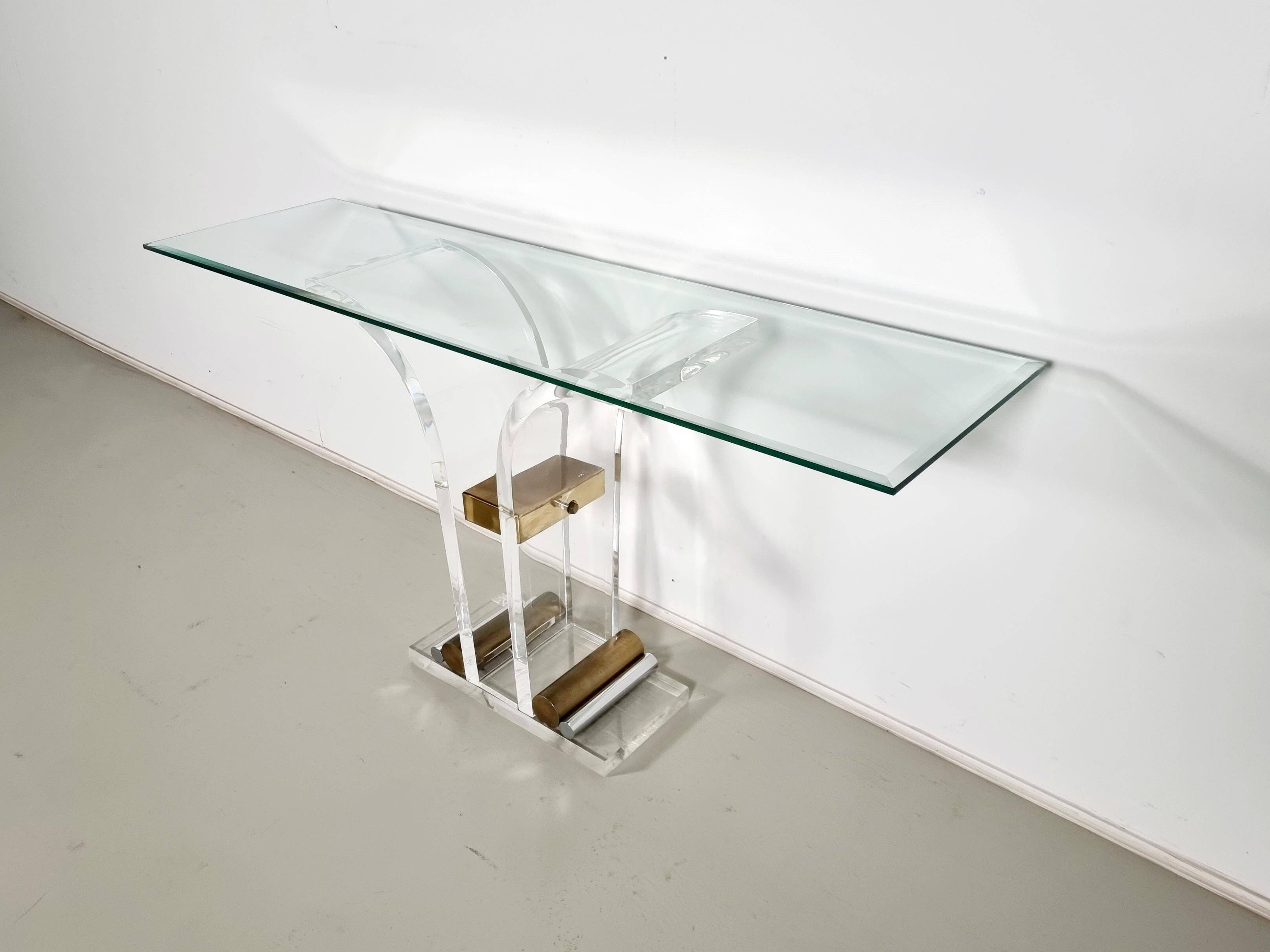 Console table by Charles Hollis Jones in lucite, brass, and glass, 1970.
