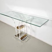 Console table by Charles Hollis Jones in lucite, brass, and glass, 1970.