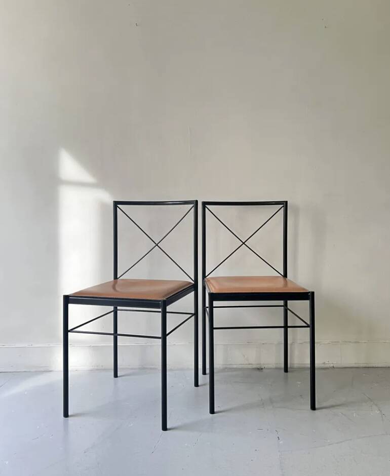 Set of 2 Italian chairs in black metal/cognac leather Arrben, Italy 1970.