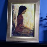 Huile sur panneau originale suédoise du milieu du siècle « portrait d'une fille » par björn larsen - vintage et encadrée