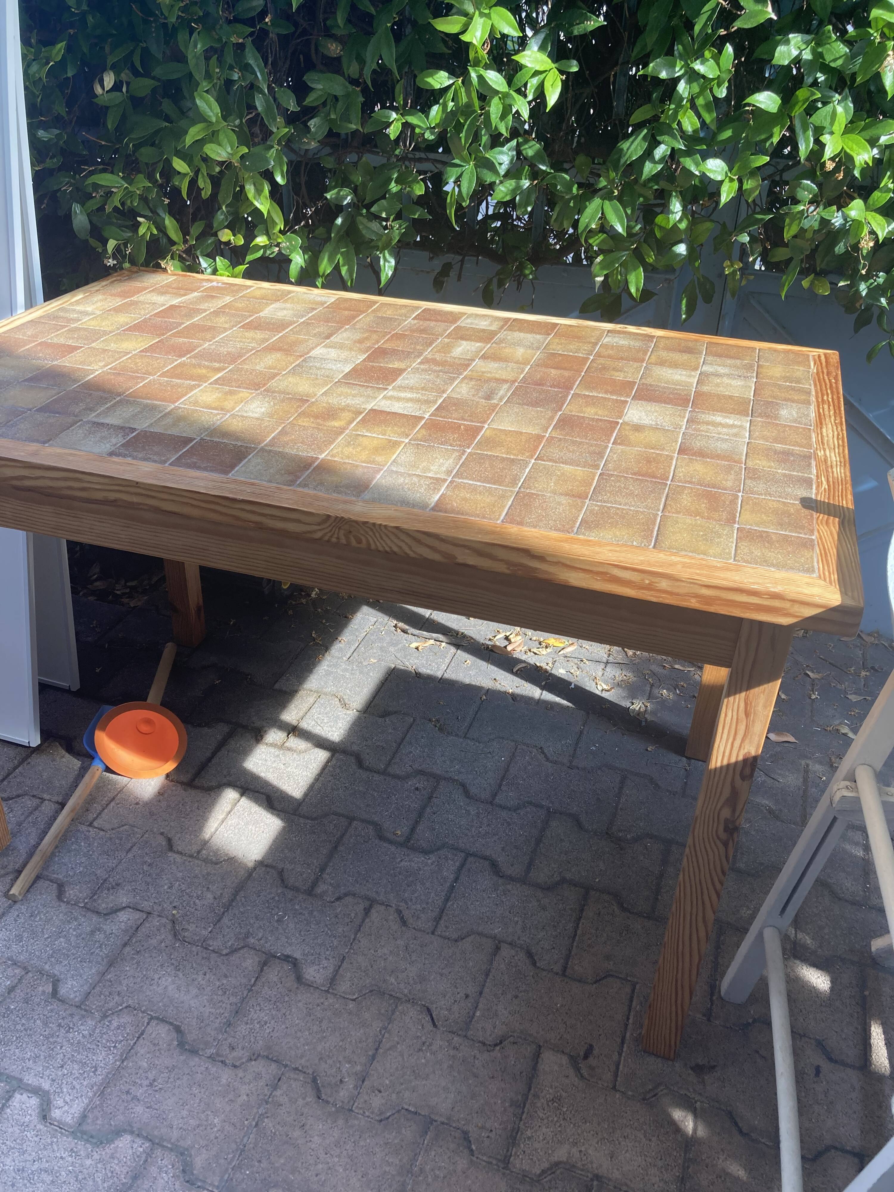 Pine and brown ceramic table, 1960s