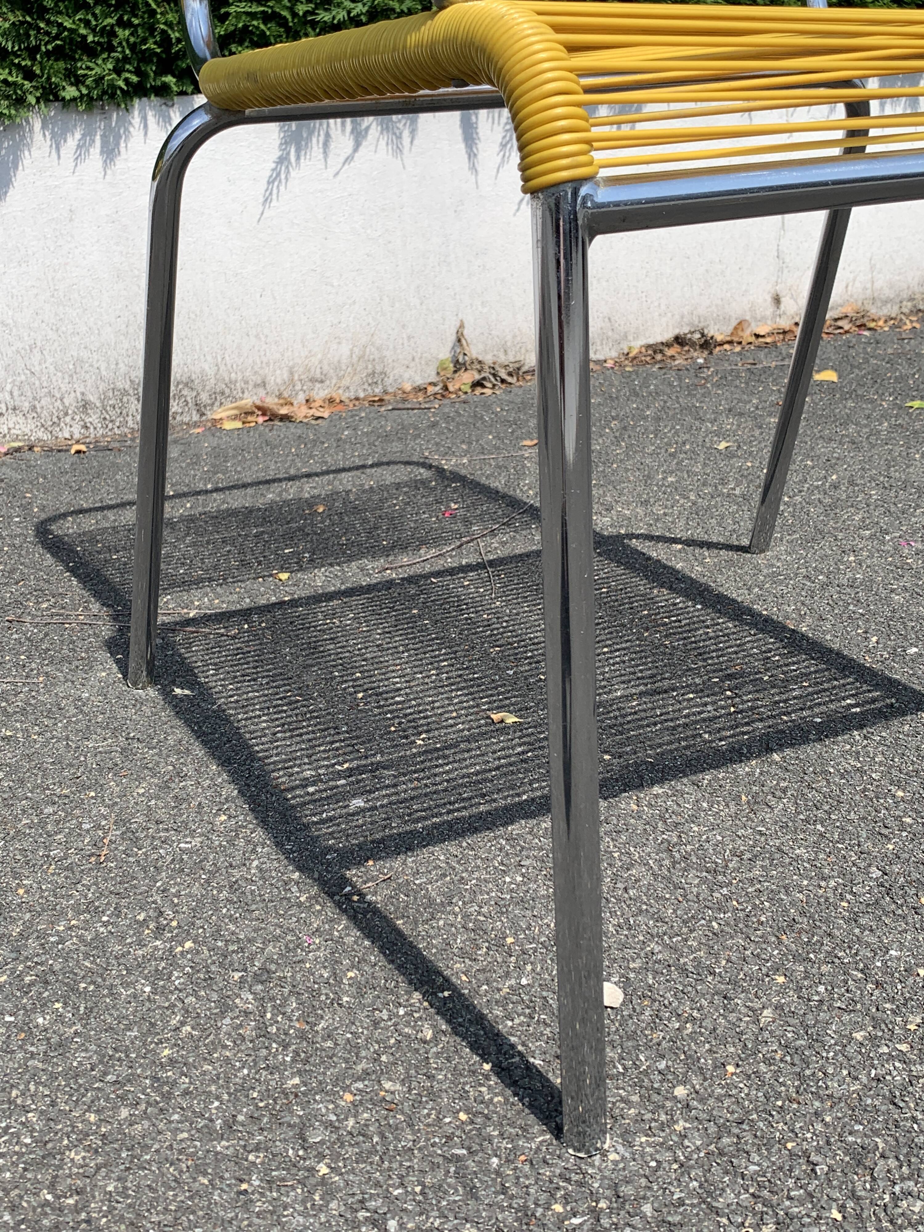 6 yellow and stackable armchairs, scoubidou by Dupré Perrin