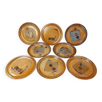 Série de 8 assiettes à dessert vintage en grès émaillé signé MALI