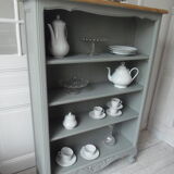 Louis XV style bookcase, green gray with 3 adjustable shelves, wooden tray.