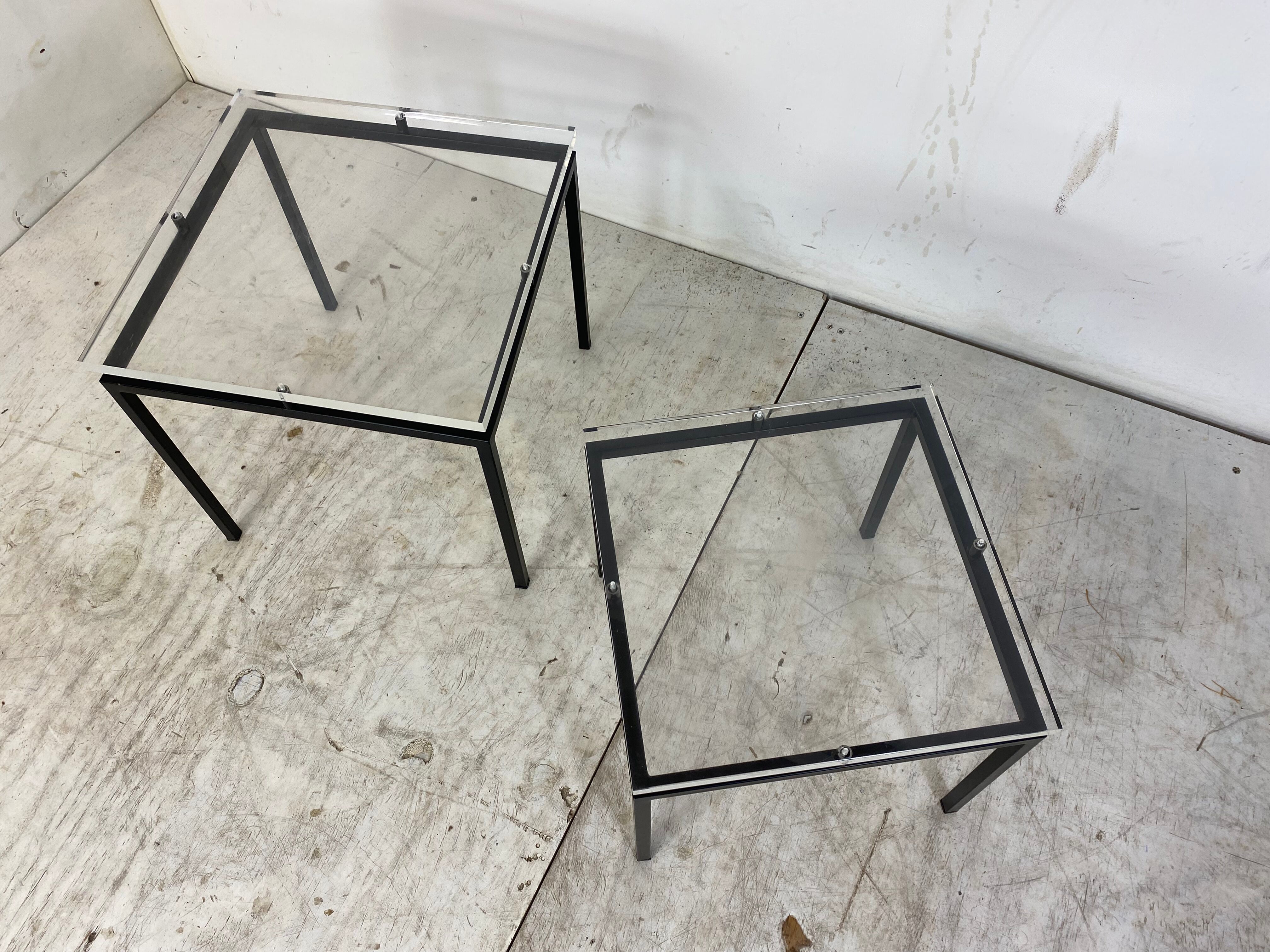 Vintage modernist acrylic glass and steel side tables, 1980s, set of 2