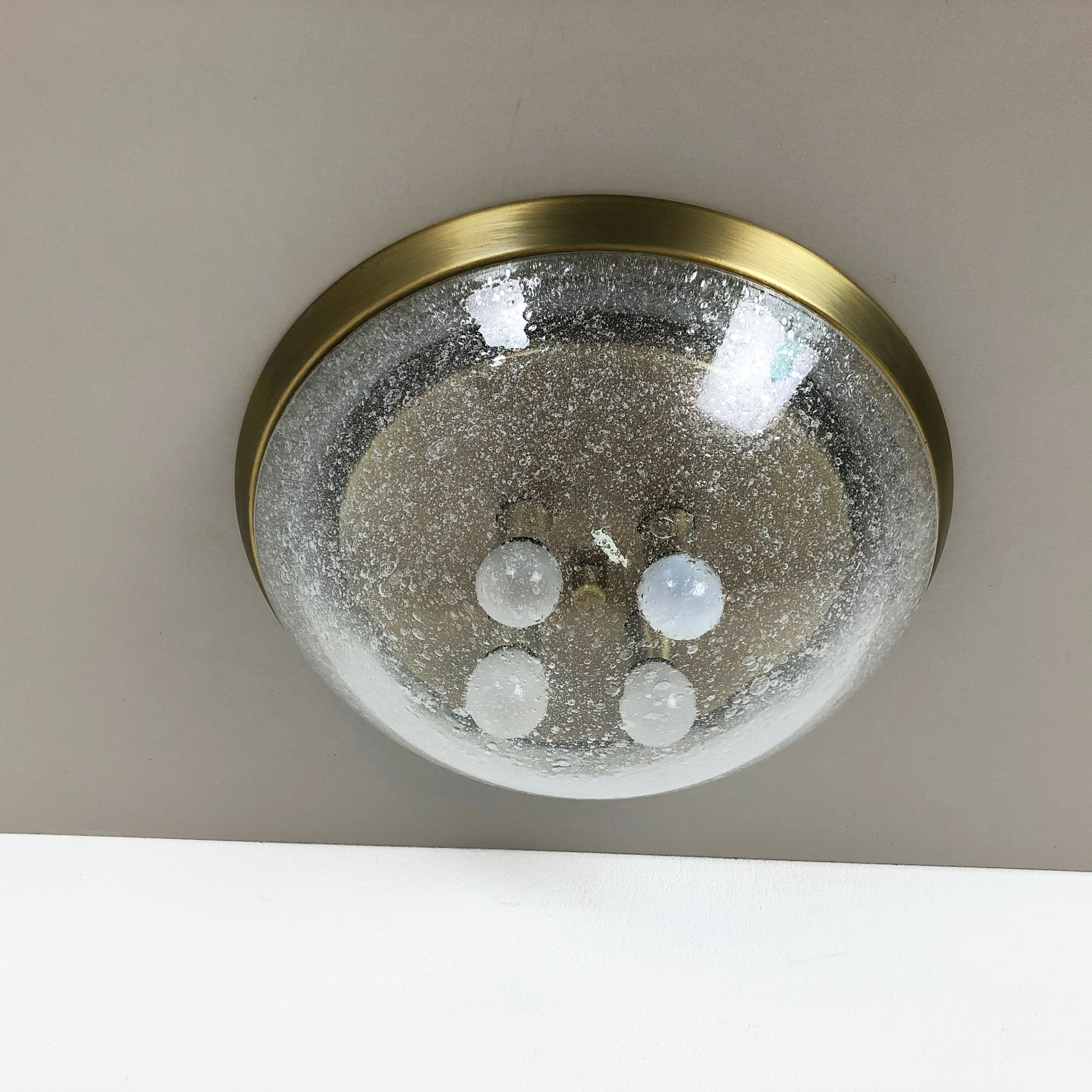 Ice glass bubble brass ceiling light by Hillebrand Leuchten, Germany, 1970s