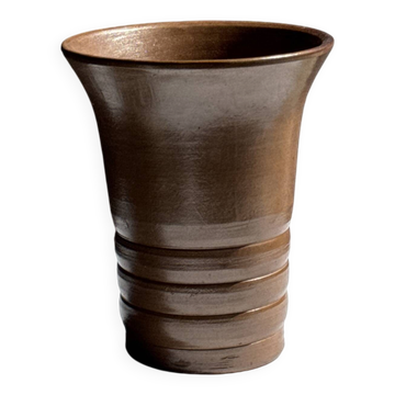 Vintage ceramic vase in glazed brown-orange with stripes H21.5 D19