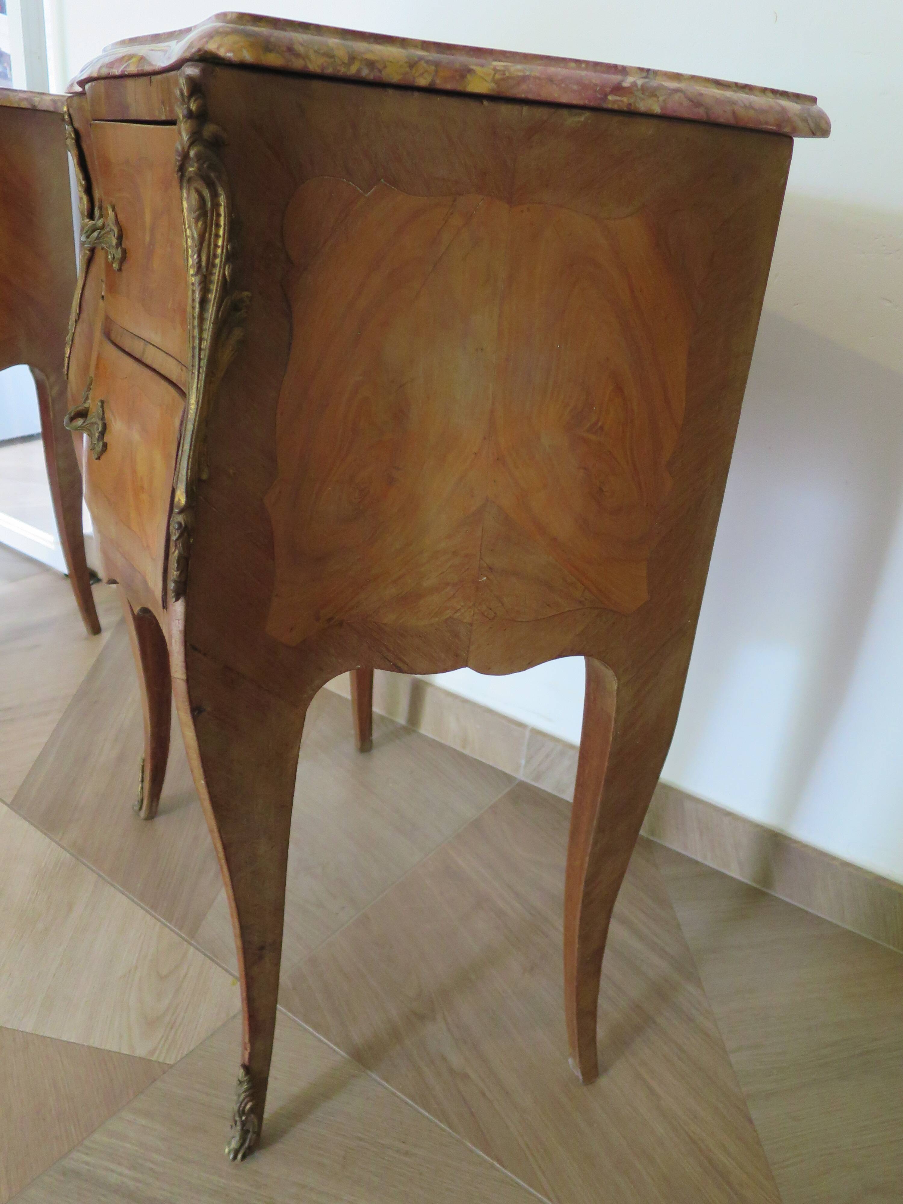 Pair of 2 Louis XV bedside tables - marquetry - 2 drawers - pink marble