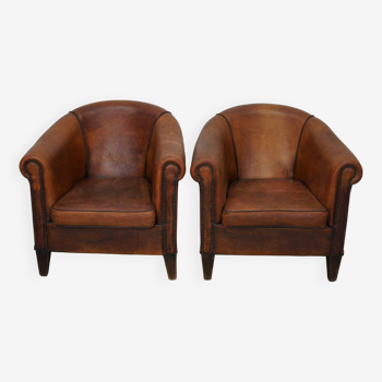 Vintage Dutch Cognac Colored Leather Club Chair, Set of 2