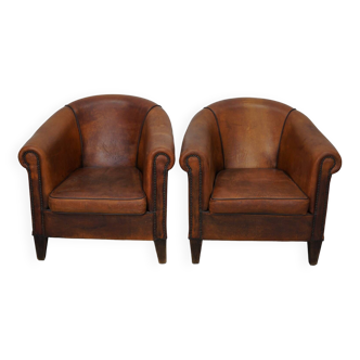 Vintage Dutch Cognac Colored Leather Club Chair, Set of 2