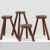 Brutalist French 1850s solid oak tripod stools with metal rim, set of 4