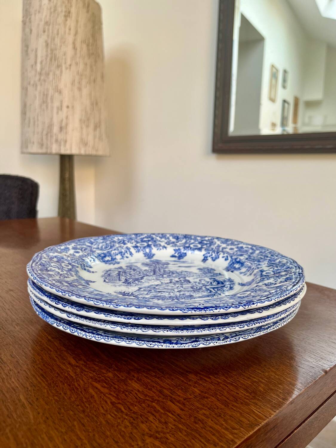 Set of 4 vintage BP blue plates – earthenware decorated with a rural scene