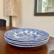 Lot de 4 assiettes vintage BP en faïence bleu à décor de scène champêtre
