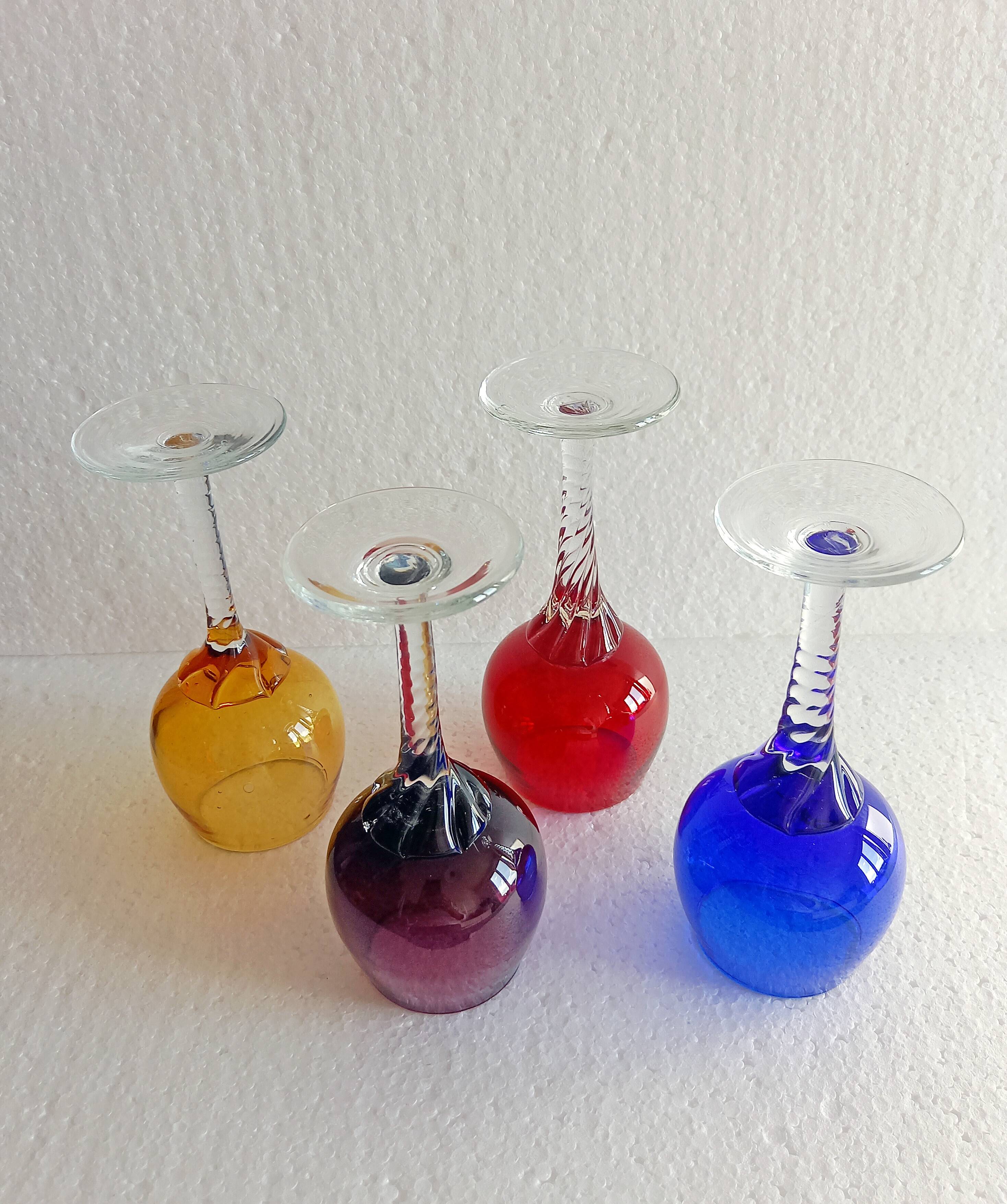 4 Antique Stemmed Liqueur Glasses in Colored Blown Glass