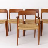 5 chaises Niels Moller, modèle 75, années 1950, teck vintage danois