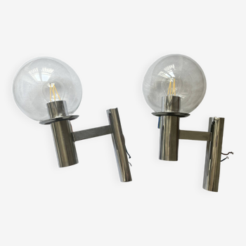 pair of sciolari wall lights in chrome metal and glass, 1970 design