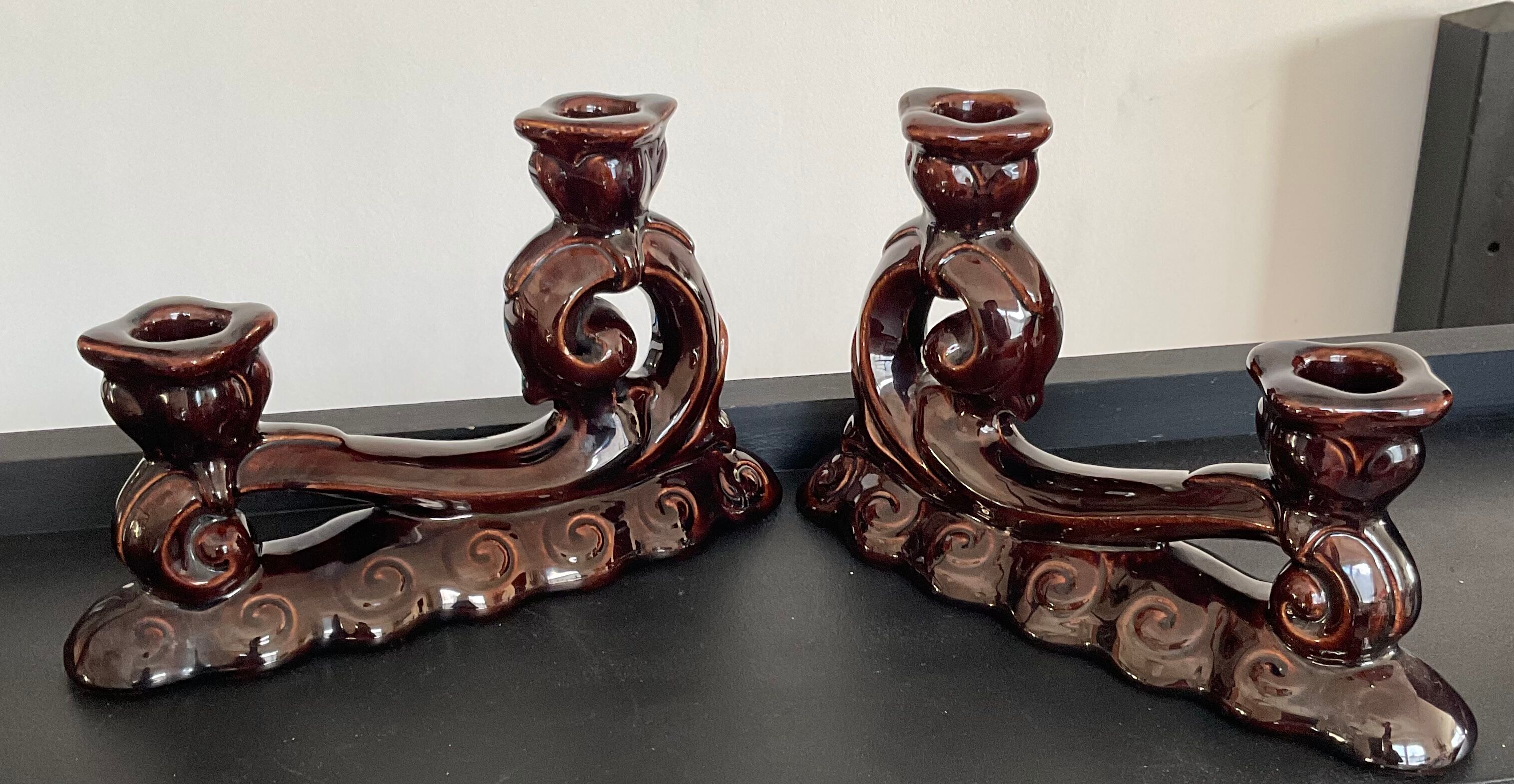 Pair of Art Deco candlesticks in glazed ceramic