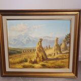 Oil painting on wood landscape harvest
