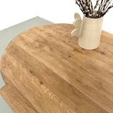 XXL oval coffee table in solid oak, cylindrical base, 1950s.