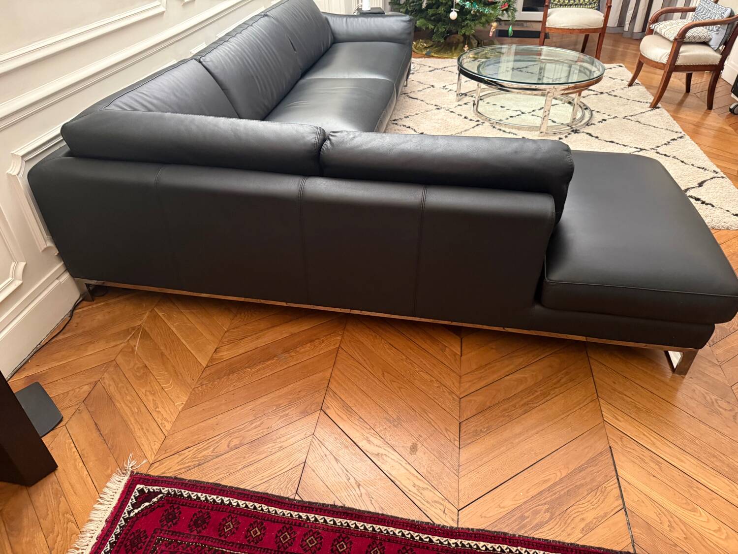 Canapé, cuir noir, Roche Bobois avec méridienne, canapé d’angle