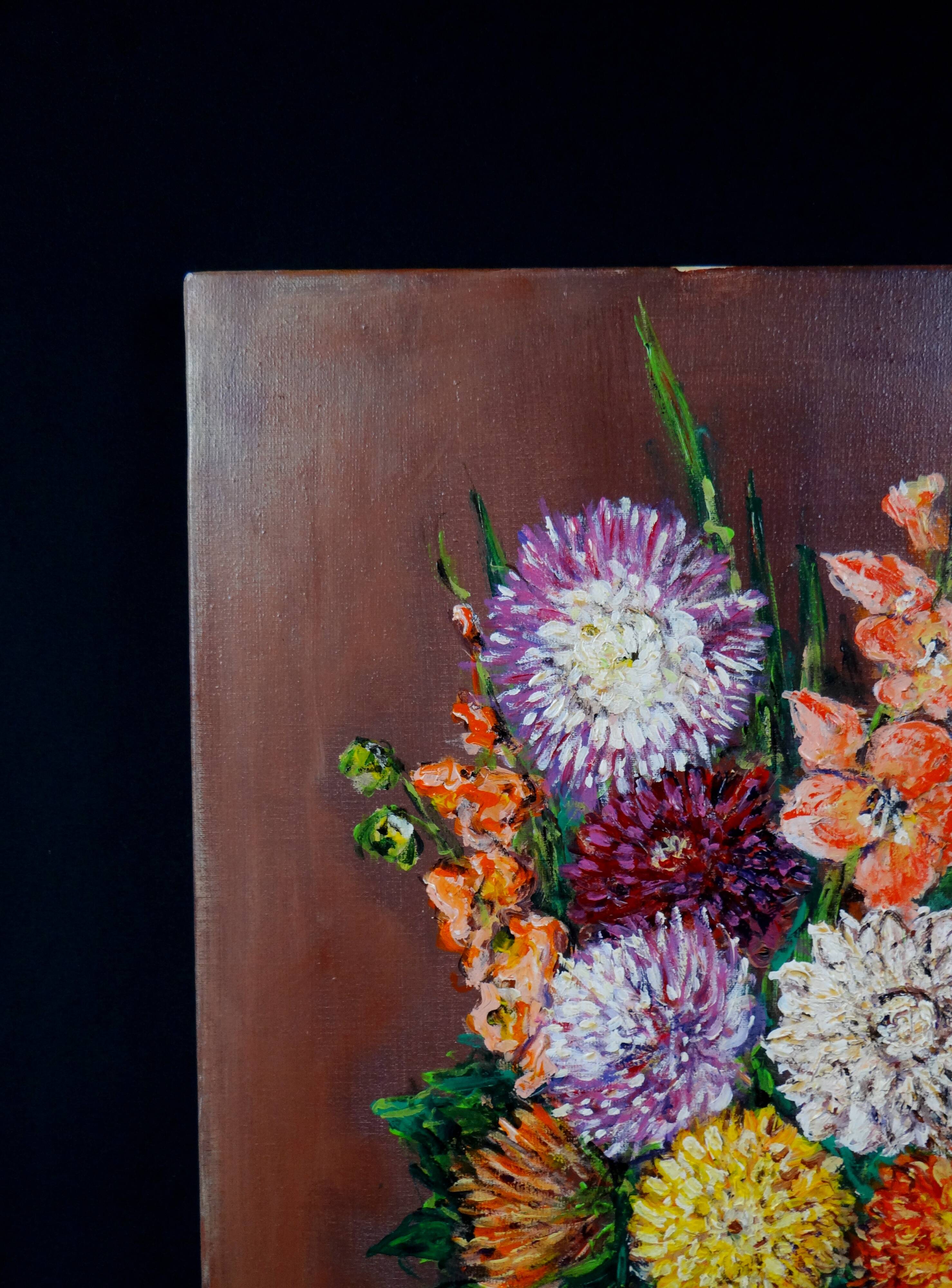 Still life 'Gladioli and Dahlias' Oil on canvas 36x33 signed J.D Vincent