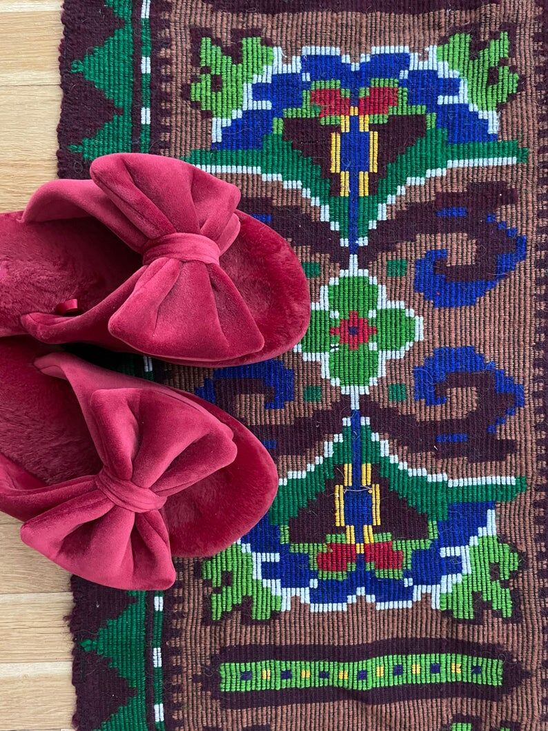 Handwoven vintage accent geometrical rug, colorful wool, wine colour with green and blue accents