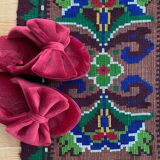 Handwoven vintage accent geometrical rug, colorful wool, wine colour with green and blue accents