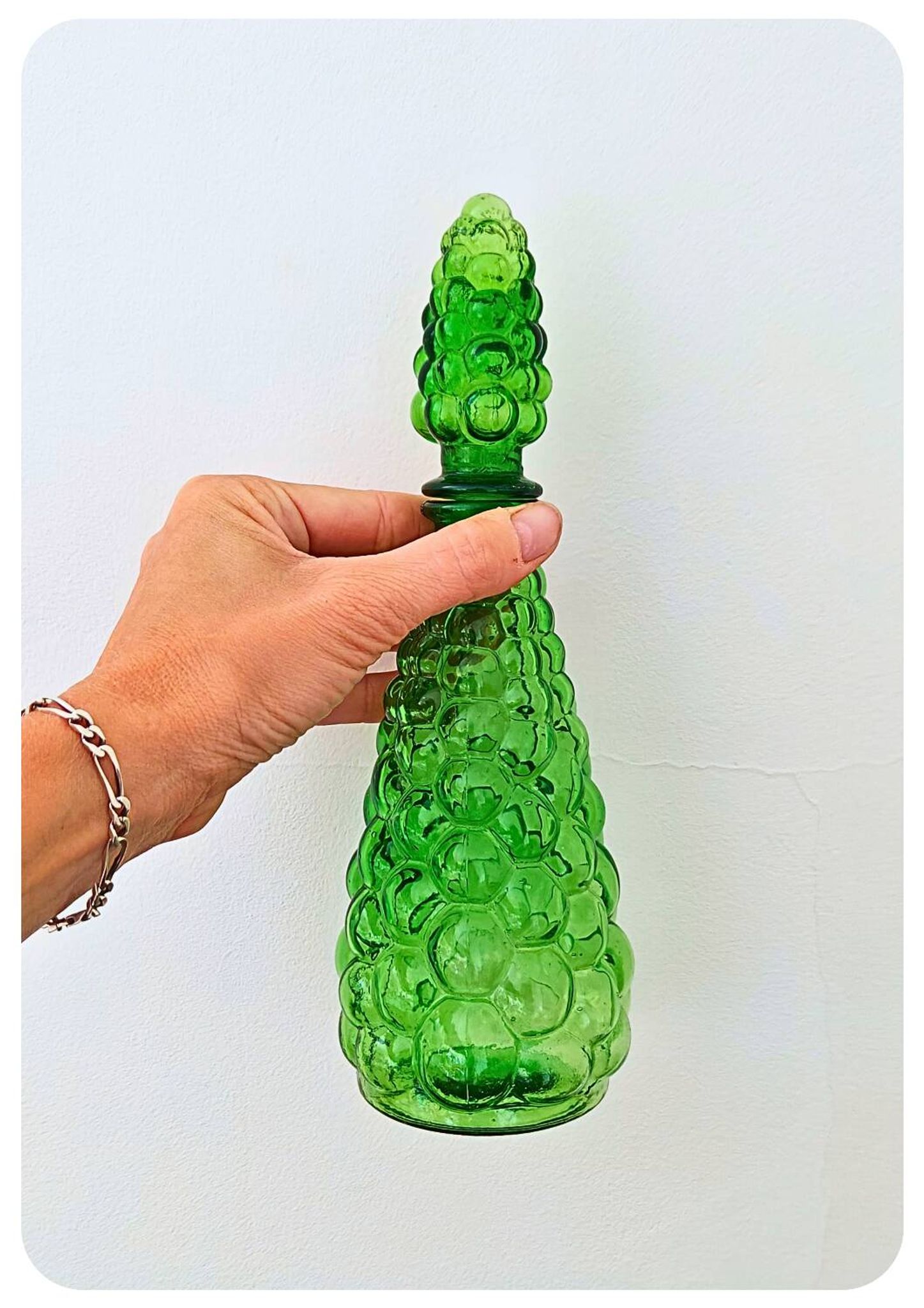 Bouteille/carafe Genie en verre à bulles vert Empoli vintage