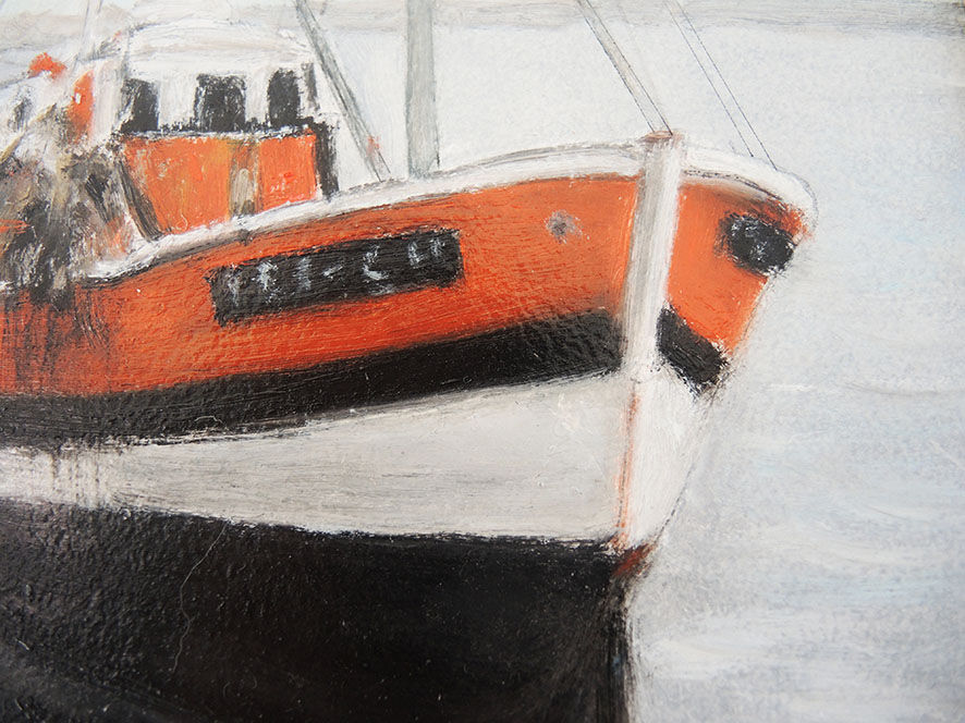 Oil on wood framed and signed henri merlet : orange fishing boat