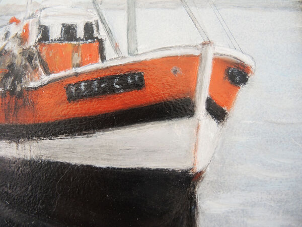 Huile sur bois encadrée et signée henri merlet : bateau de pêche orange