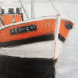 Huile sur bois encadrée et signée henri merlet : bateau de pêche orange