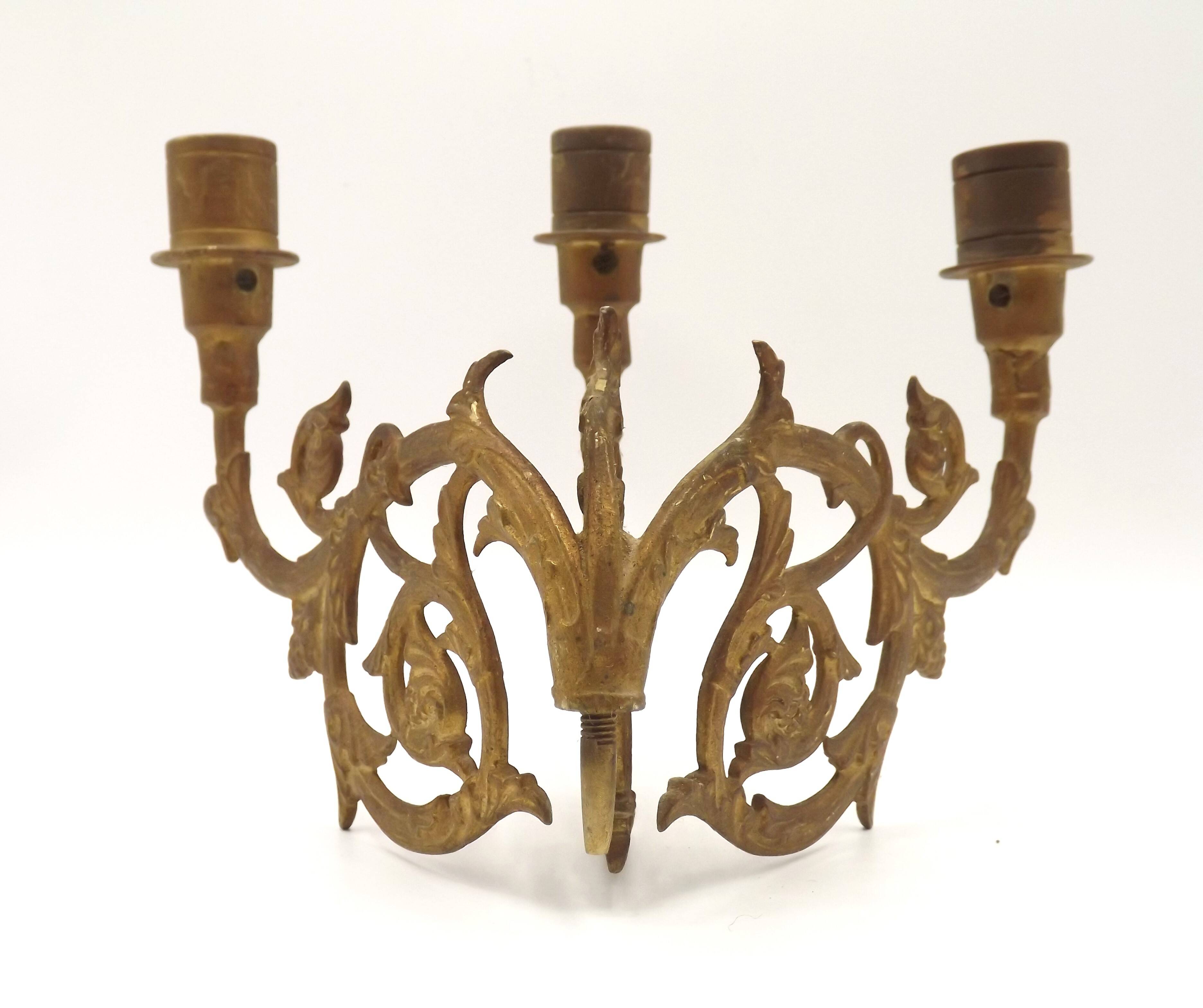 Stunning Pair of Large Antique 3-Arm Gilt Bronze Piano Sconce Candle Holders 4916