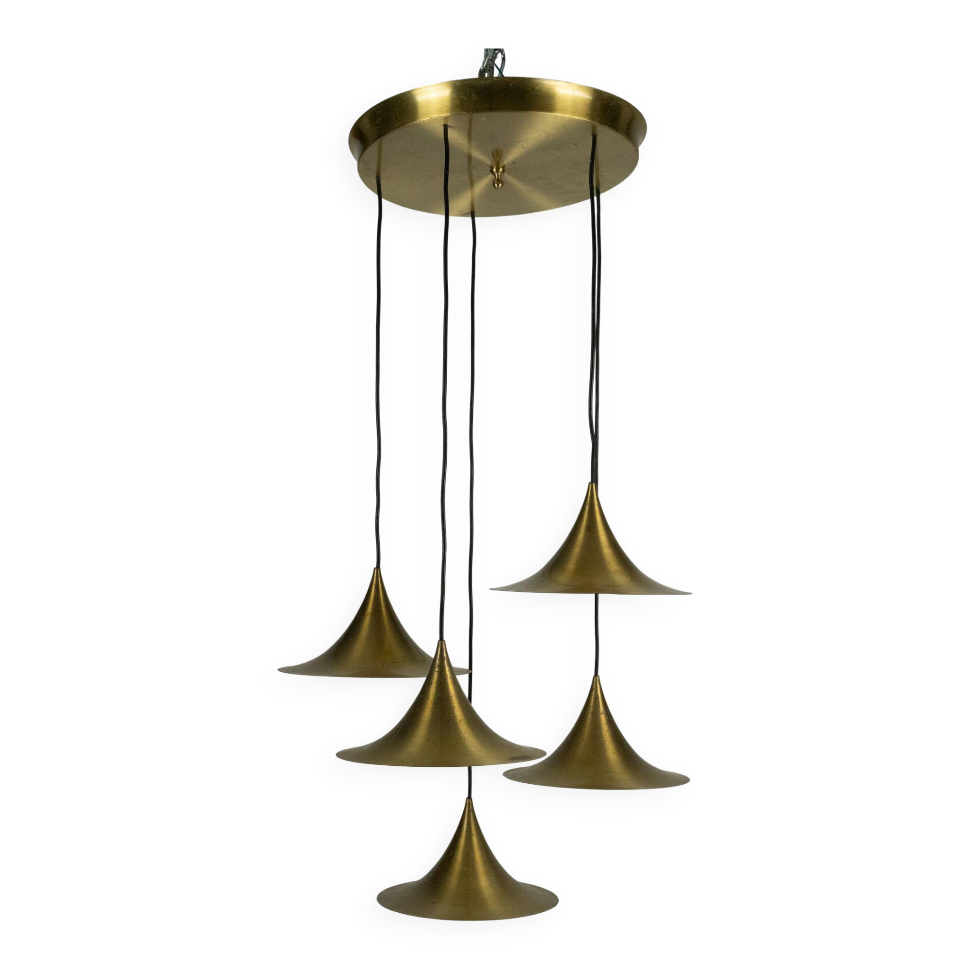 Fog & Morup, Midcentury Brass Pendant with Five Pendant Drops. Danmark 1960