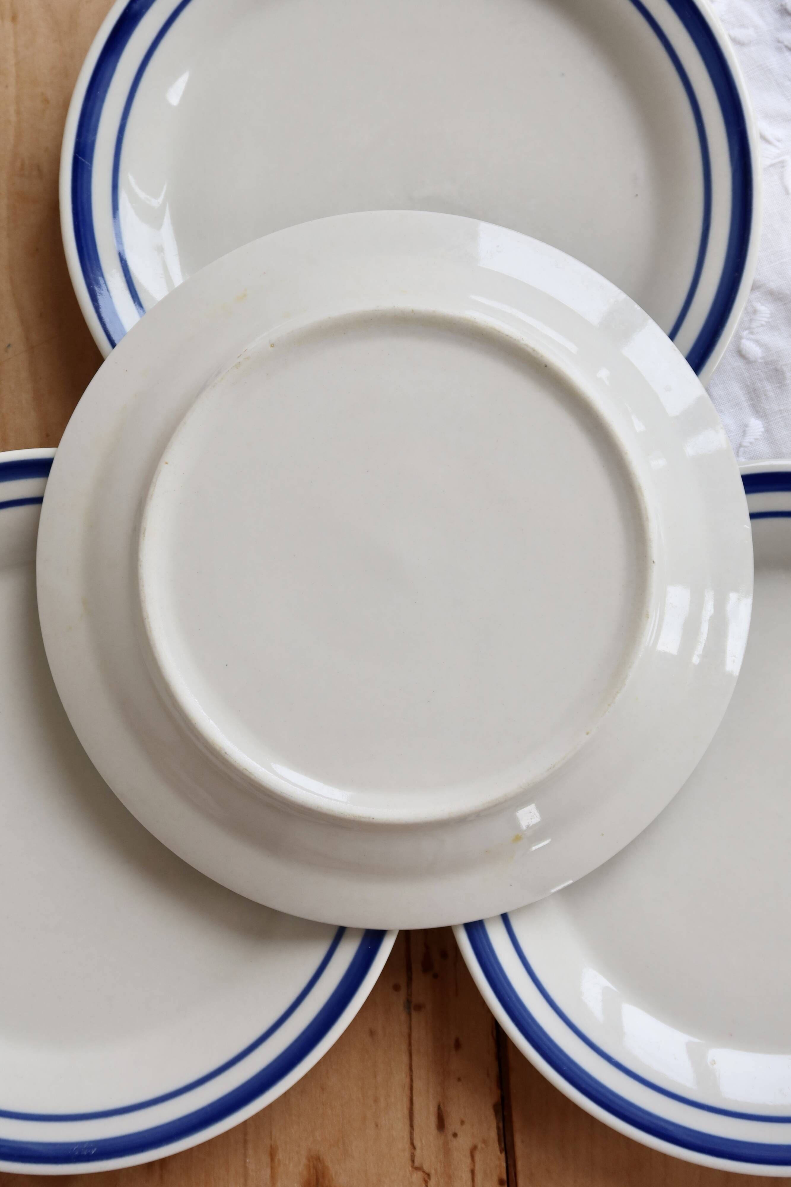 4 vintage dessert plates earthenware – double blue border bistro style